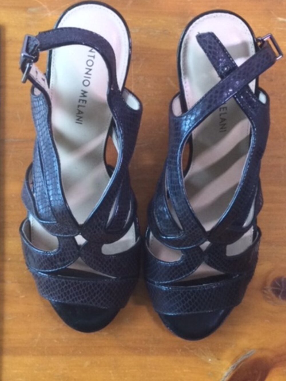 Antonio Melani Black Leather Strappy Heels Embossed Snake Print Women's 7.5M